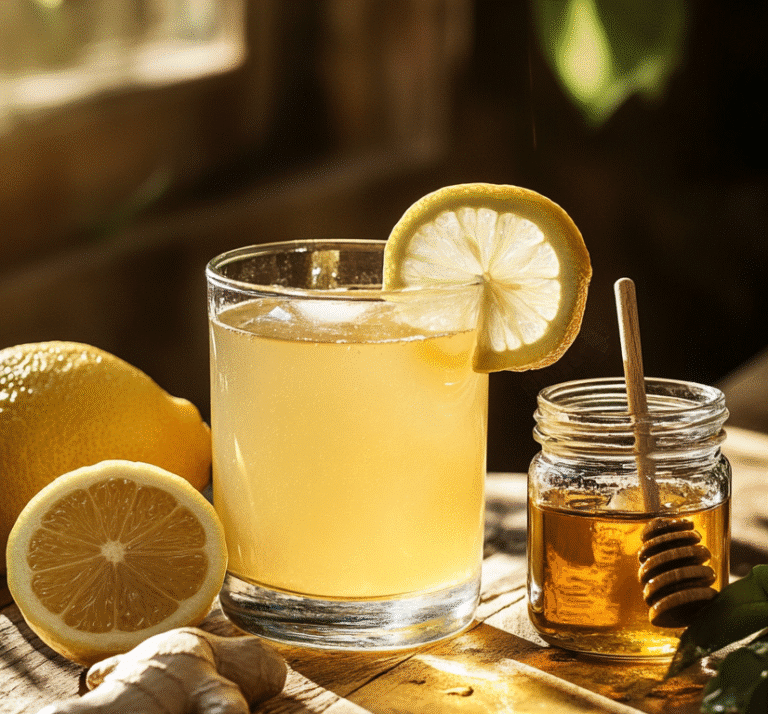Glass of Brazilian Mounjaro drink with lemon, ginger, honey, and apple cider vinegar