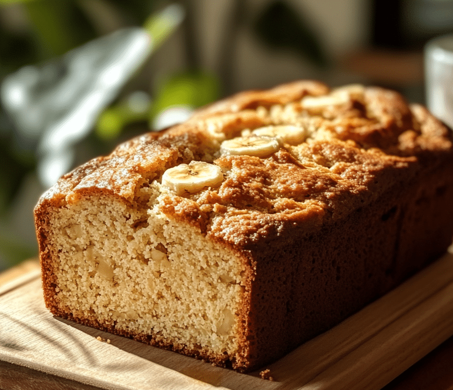 cottage cheese banana bread loaf on wooden board