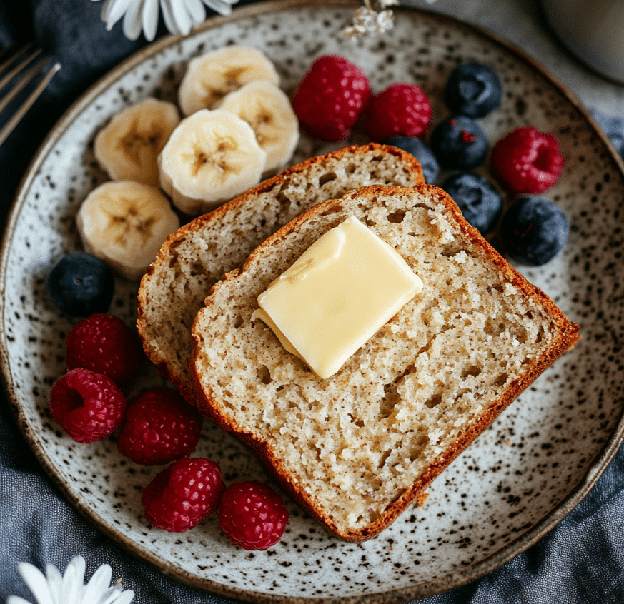 sliced cottage cheese banana bread served with butter and berries
