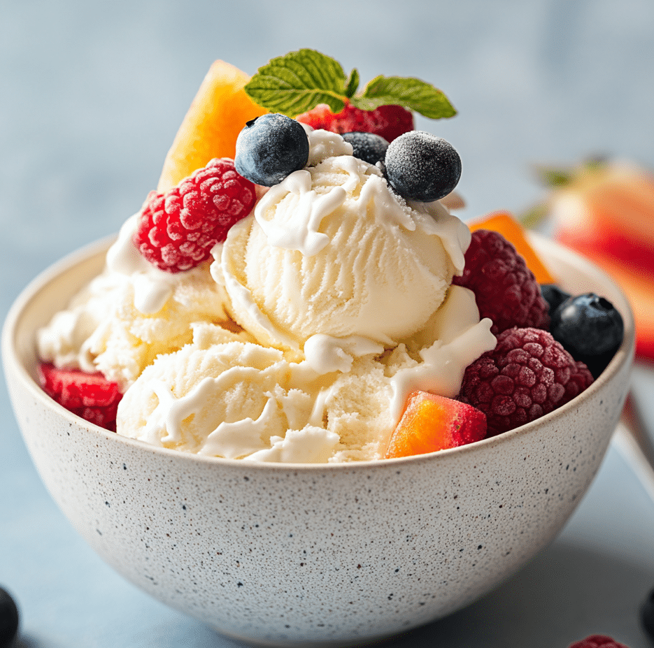 cottage cheese ice cream in a bowl with berries