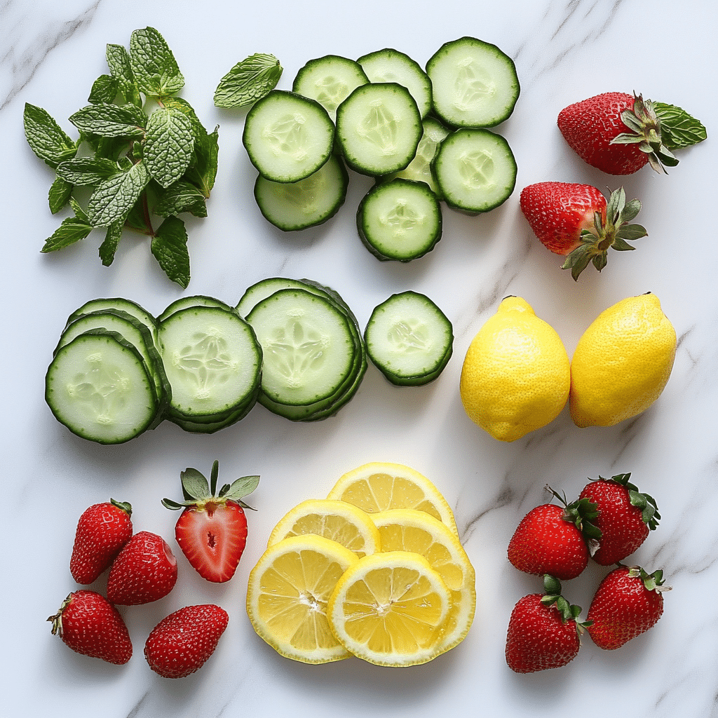 Fresh ingredients for summer detox drink recipes on marble surface