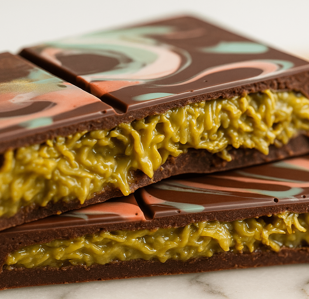 Dubai chocolate bar sliced open with pistachio cream and kataifi filling