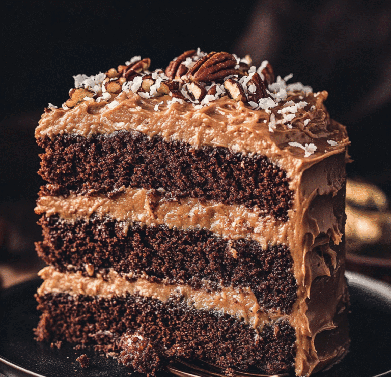 german chocolate cake on rustic table with visible layers
