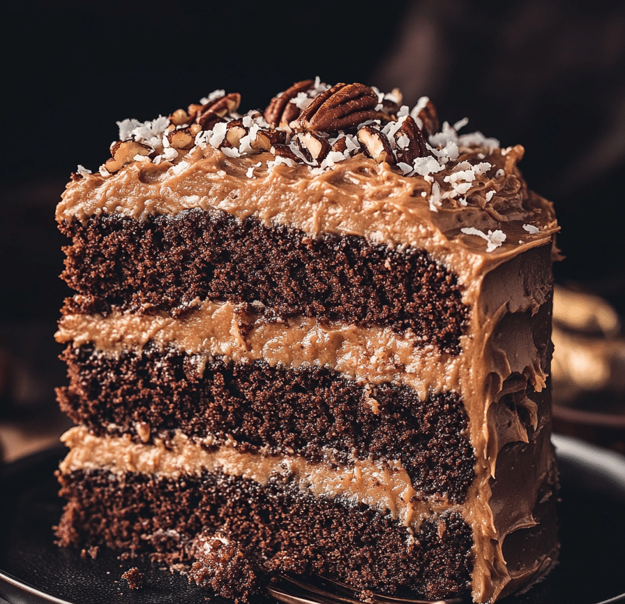 german chocolate cake on rustic table with visible layers