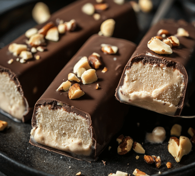 Close-up of gourmet high protein ice cream bars with chocolate coating and nuts