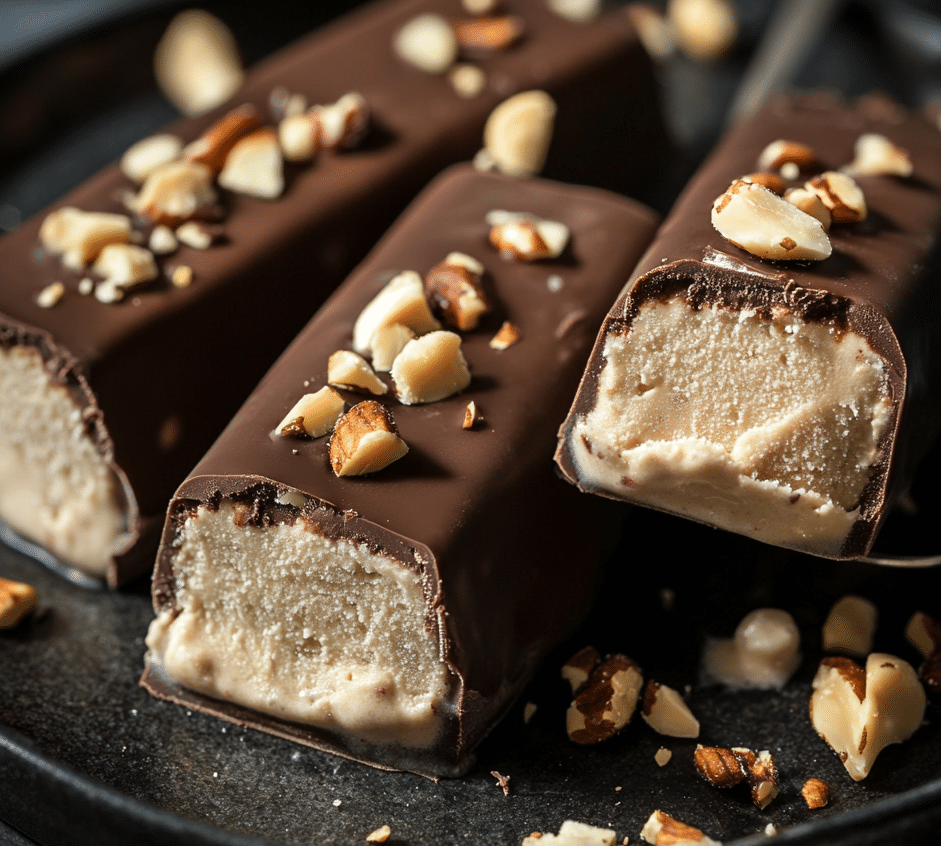 Close-up of gourmet high protein ice cream bars with chocolate coating and nuts