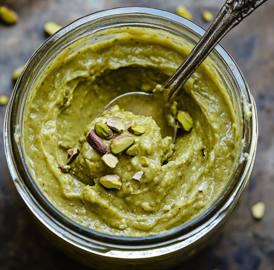 Homemade pistachio cream in a jar with spoon and pistachios