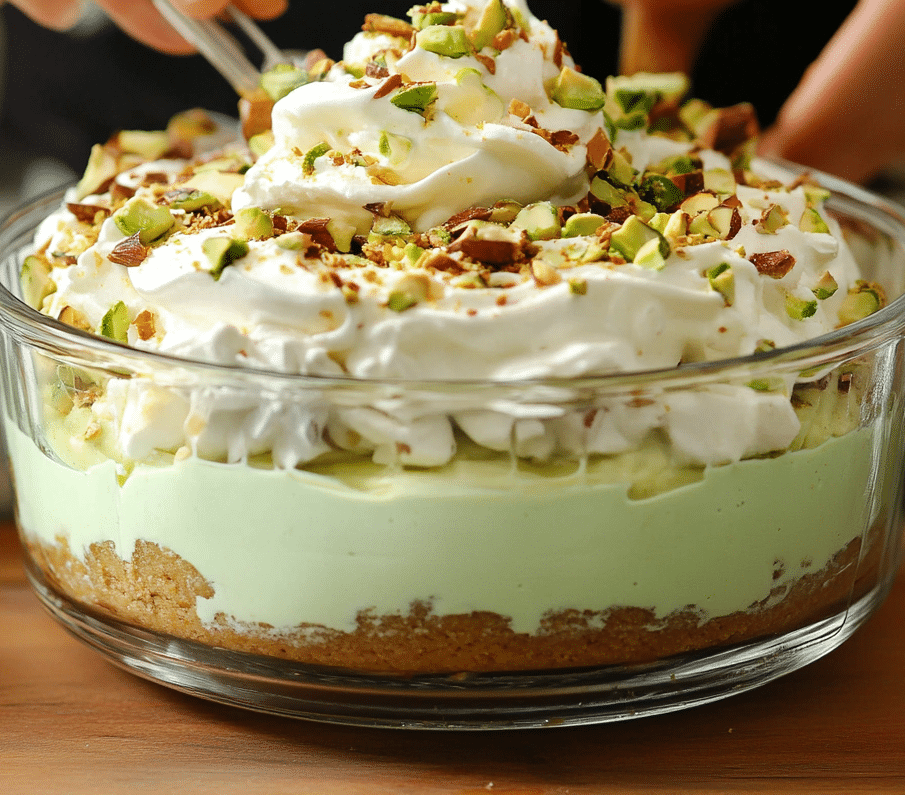 Layering pistachio lush dessert with cream cheese and pudding in glass dish