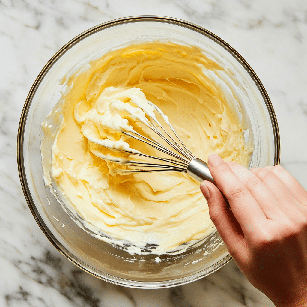 mixing lemon curd and mascarpone for tiramisu
