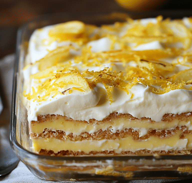 lemon tiramisu recipe in glass dish with lemon zest