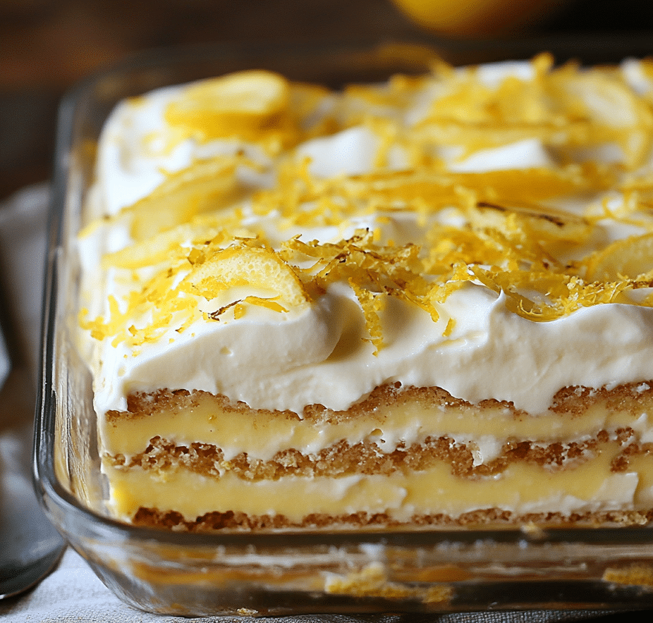 lemon tiramisu recipe in glass dish with lemon zest