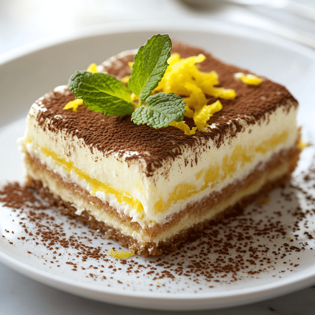 slice of lemon tiramisu served with mint