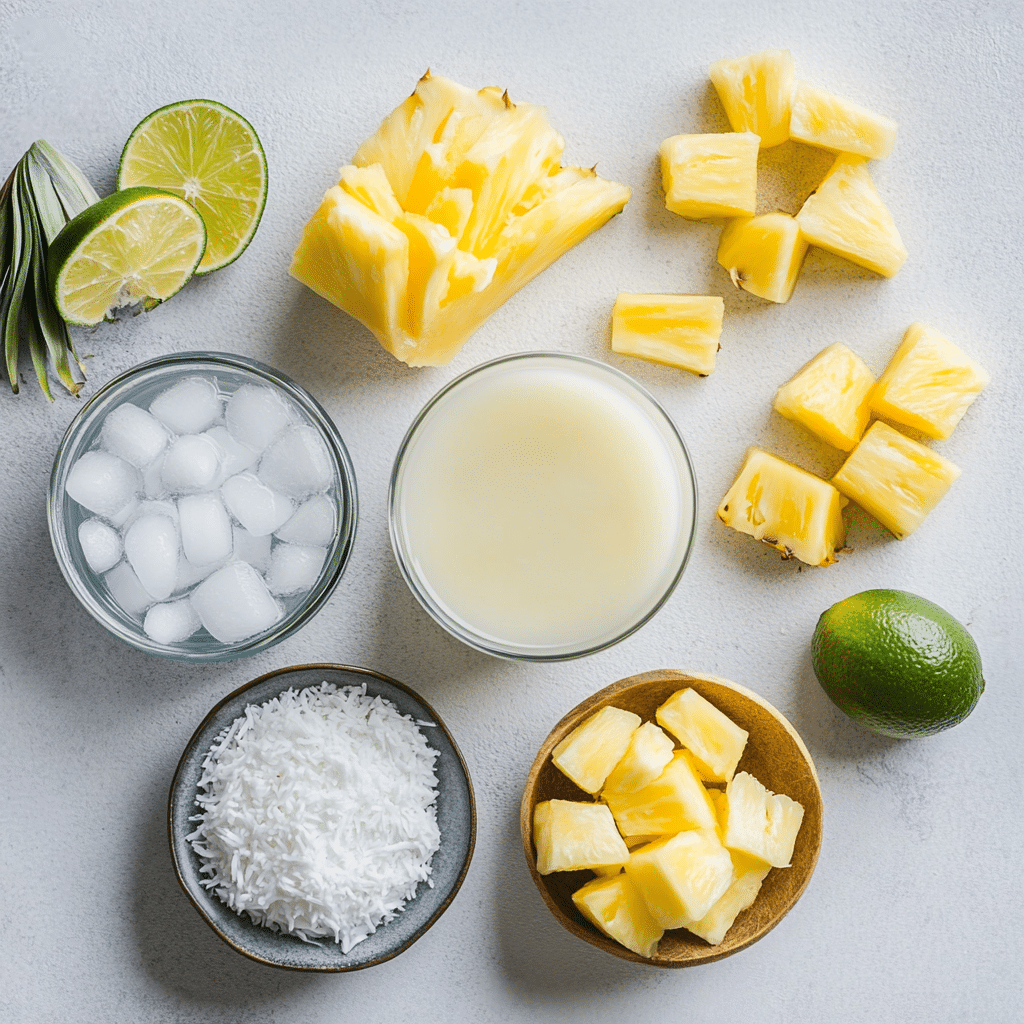 Ingredients for coconut and pineapple mocktail