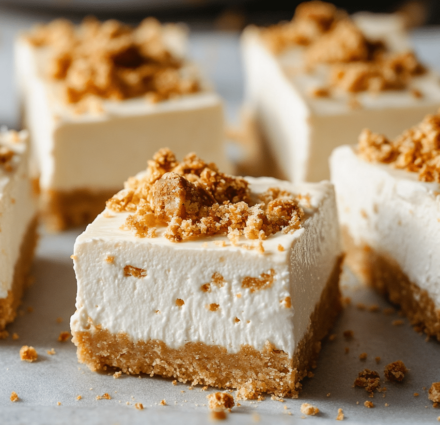 No-bake cheesecake bars on rustic board