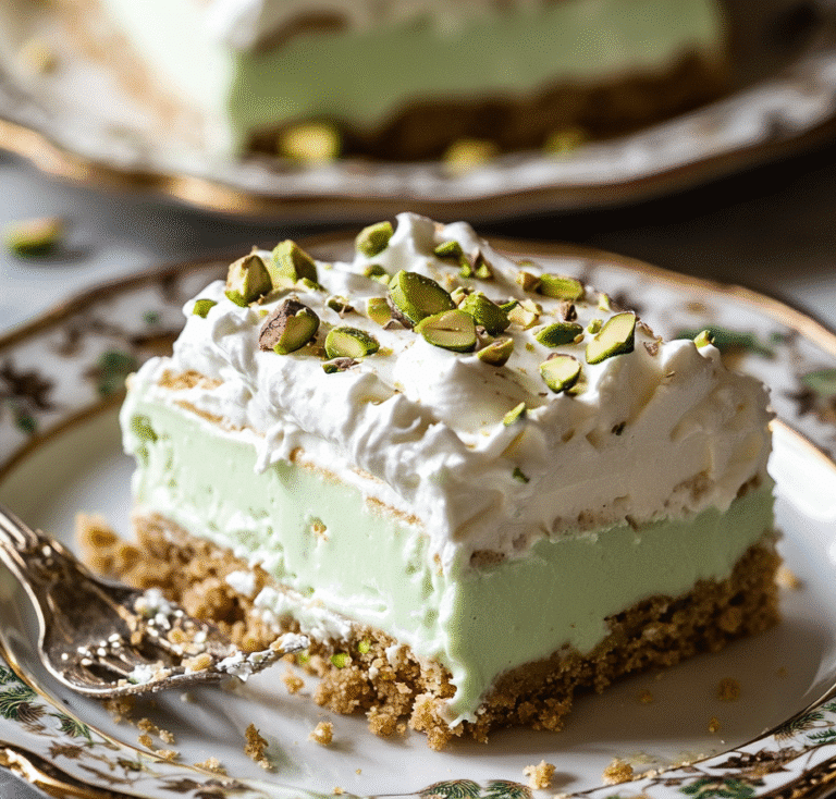 No-bake pistachio dessert slice on vintage plate