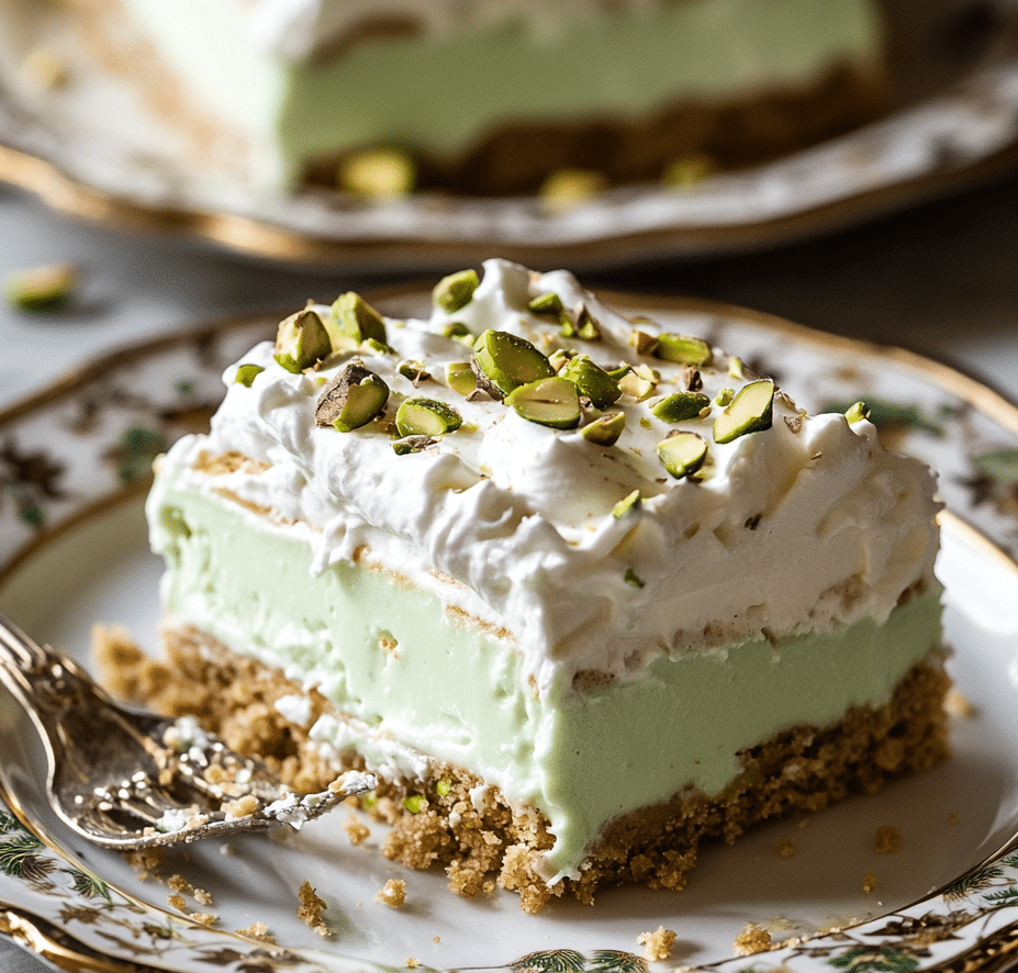 No-bake pistachio dessert slice on vintage plate