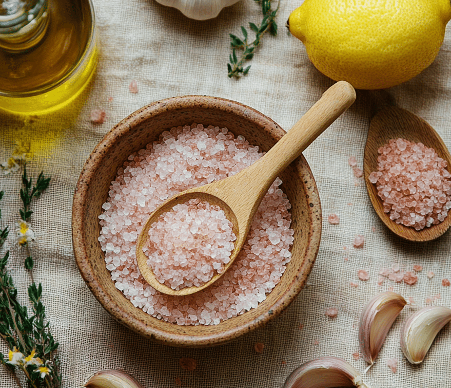 top view of pink salt, lemon, garlic, thyme, and olive oil in a rustic kitchen