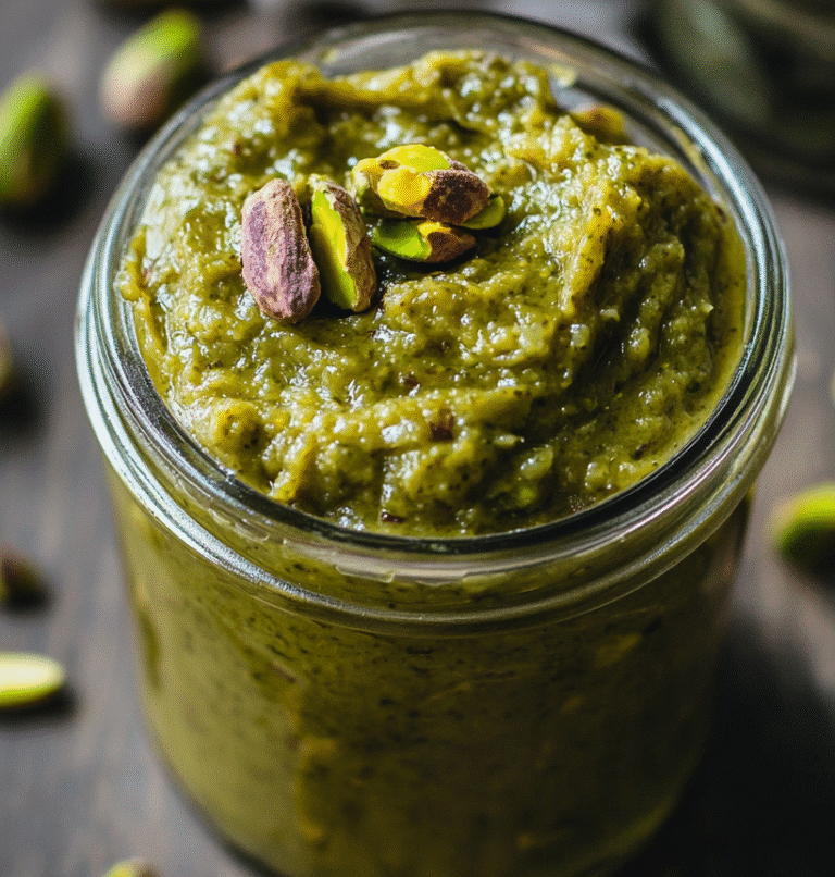 Jar of fresh pistachio butter with pistachios on wooden table