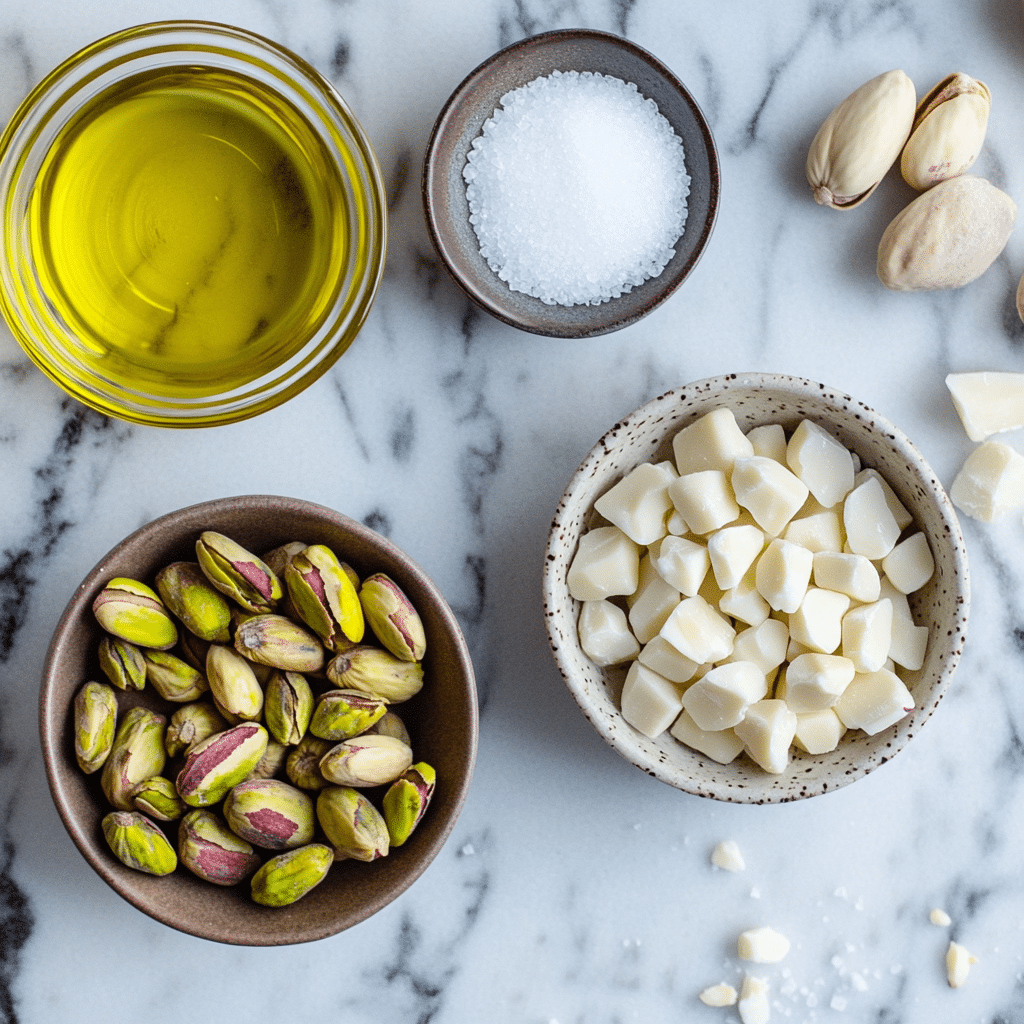 Pistachio cream ingredients laid out on marble countertop