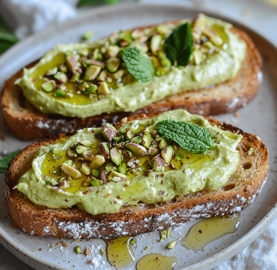 Pistachio cream spread on toast with honey drizzle