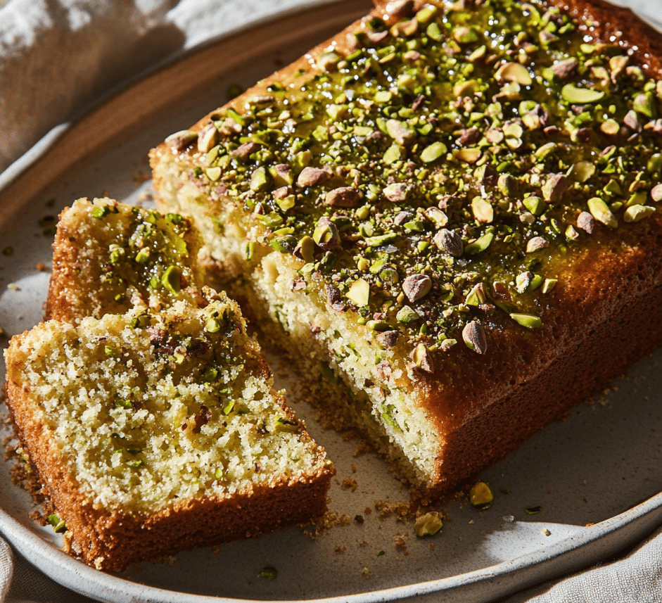 Pistachio ricotta cake on wooden table