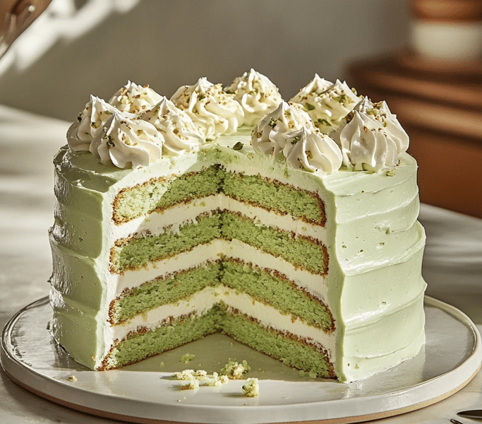 Pistachio Watergate cake sliced with whipped topping