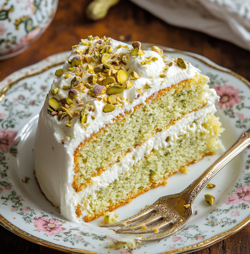 Serving slice of pistachio Watergate cake