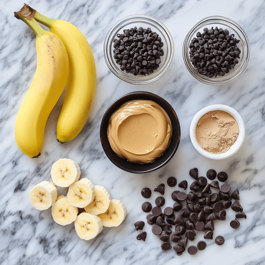 Flat lay of ingredients for protein ice cream bars including protein powder and Greek yogurt