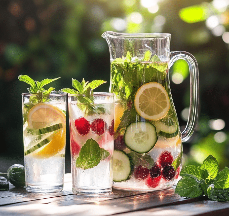 Summer detox drinks served in glasses with mint and citrus