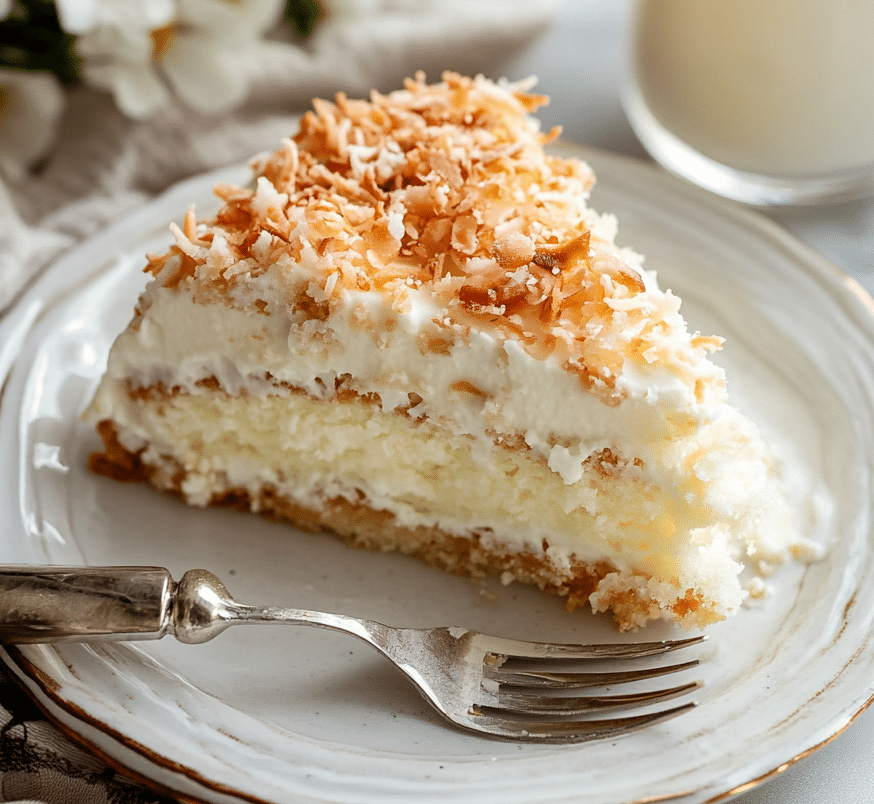 slice of mounds cake with coconut