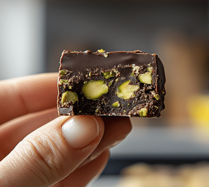 Serving vegan chocolate pistachio treat