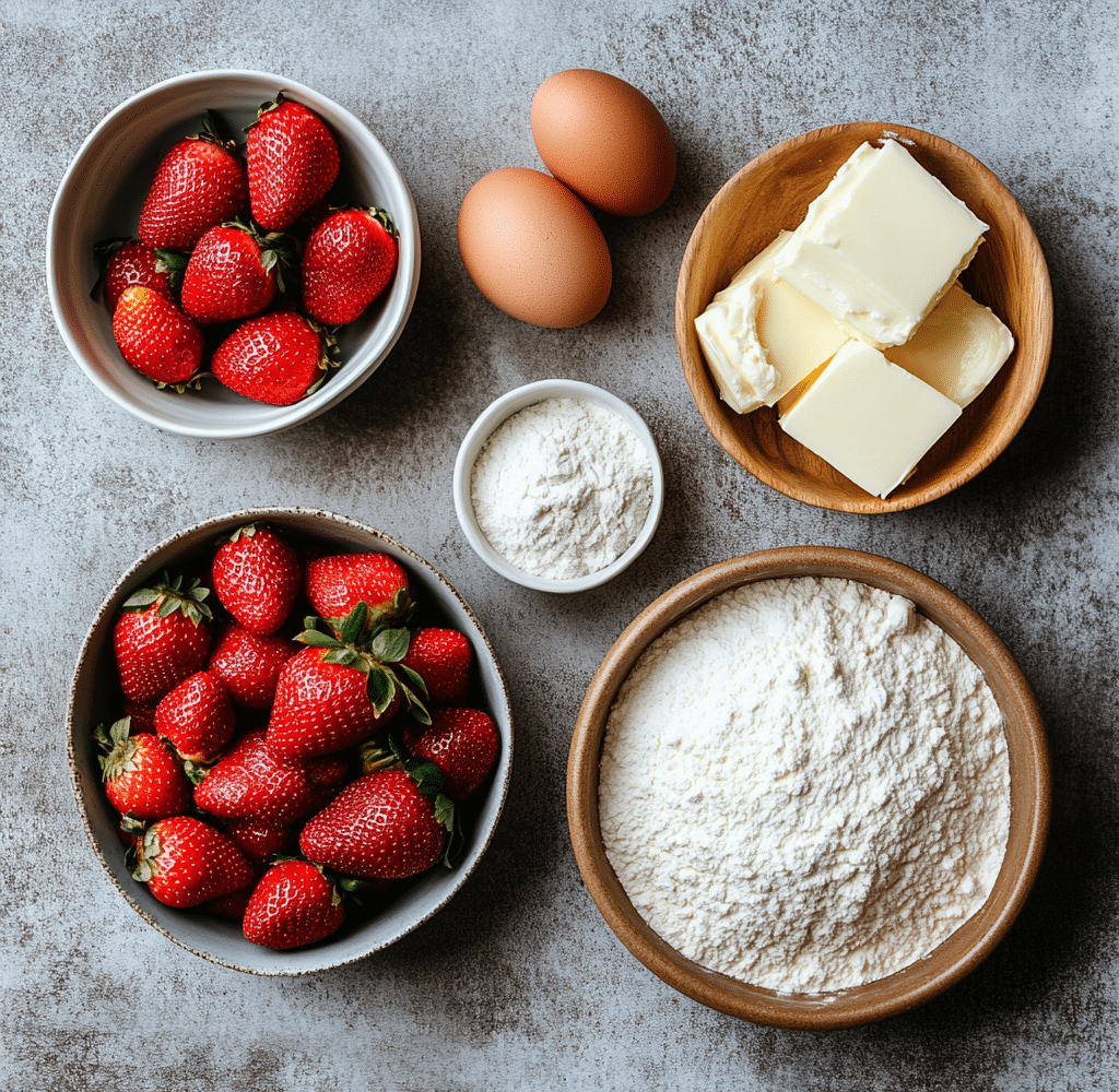 Ingredients for strawberry cake and cheesecake