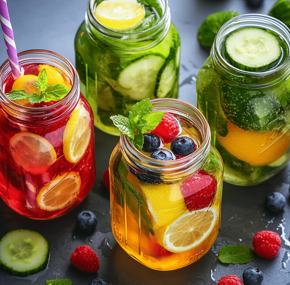Assorted summer detox drink recipes with cucumber, mint, and berries