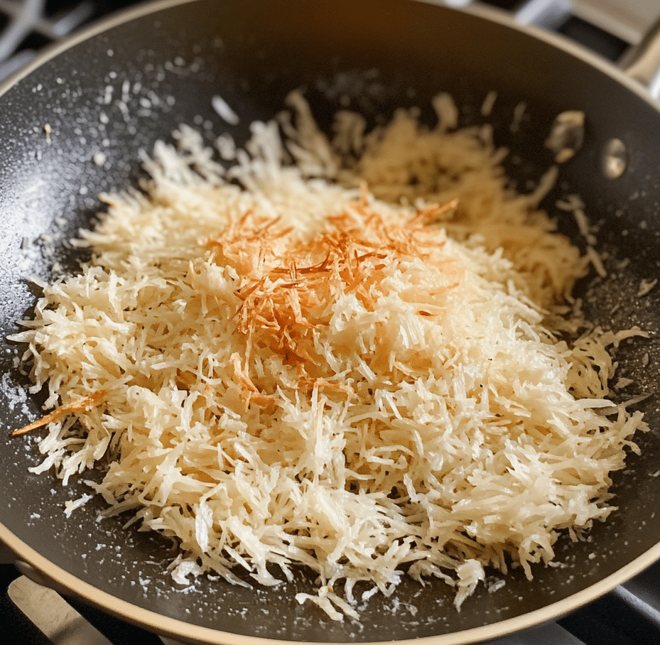 Toasting kataifi pastry in a pan