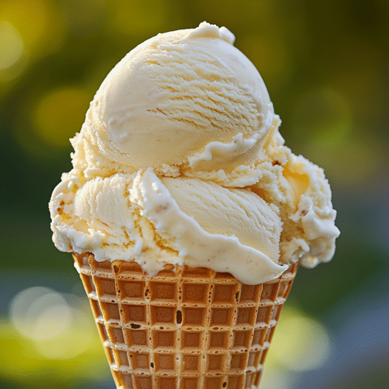 vanilla ice cream cone in waffle cone on summer day