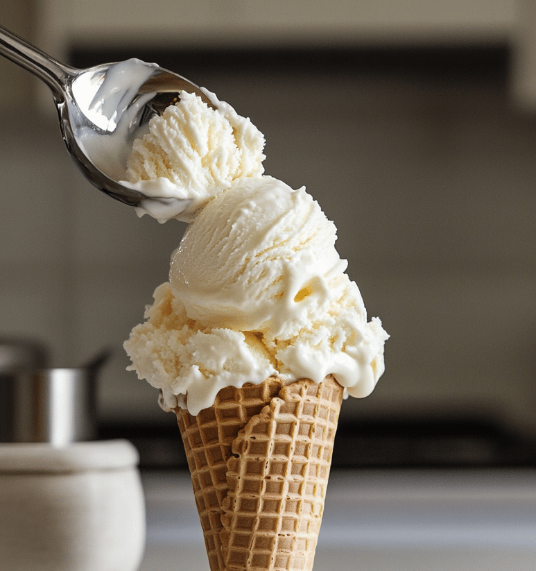 scooping vanilla ice cream onto cone