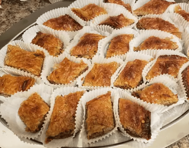 Served baklava with pistachio garnish