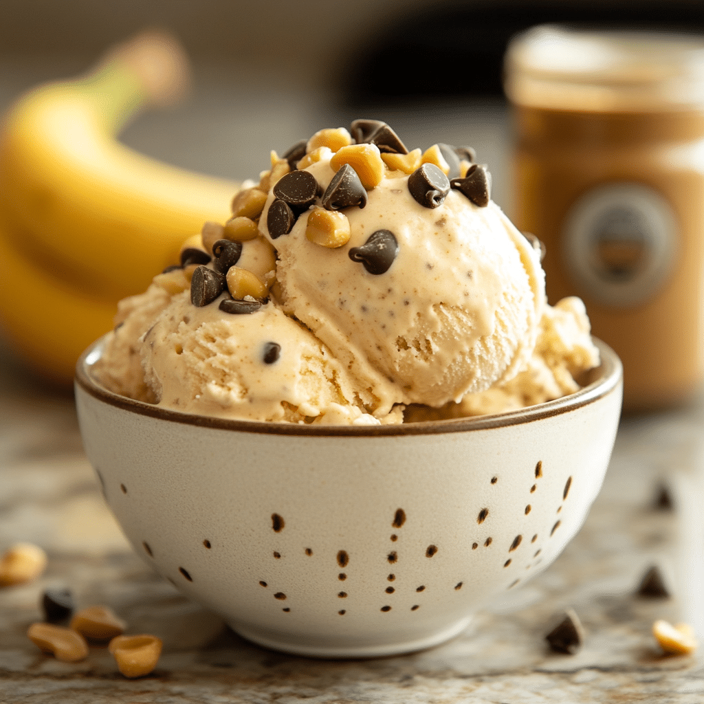 Creamy banana ice cream with chocolate chips and peanut butter