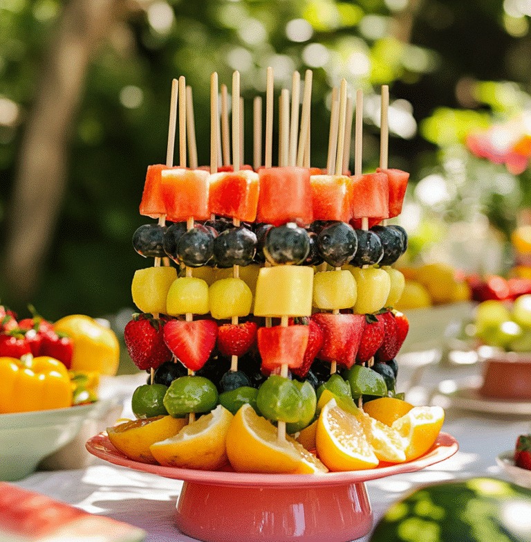 colorful fruit skewers for summer party on outdoor table