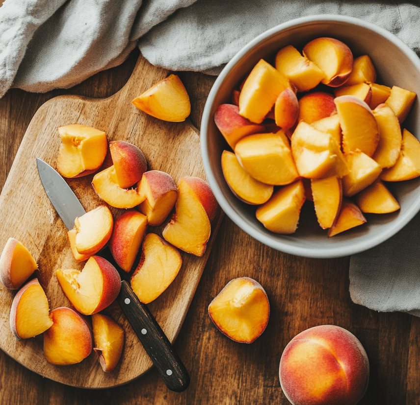 how to freeze peaches – fresh peaches being sliced on a rustic kitchen counter