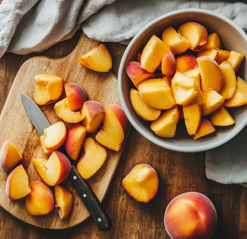 how to freeze peaches – fresh peaches being sliced on a rustic kitchen counter