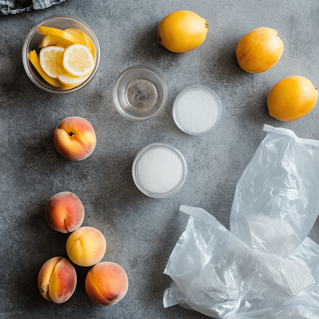 how to freeze peaches – ingredients including fresh peaches, lemon juice, and freezer bags