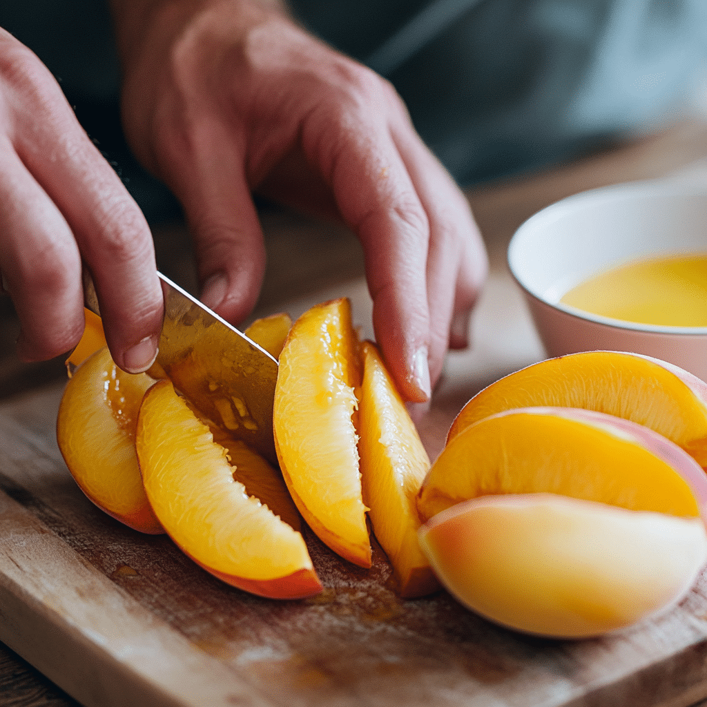 how to freeze peaches – slicing peaches and treating with lemon juice