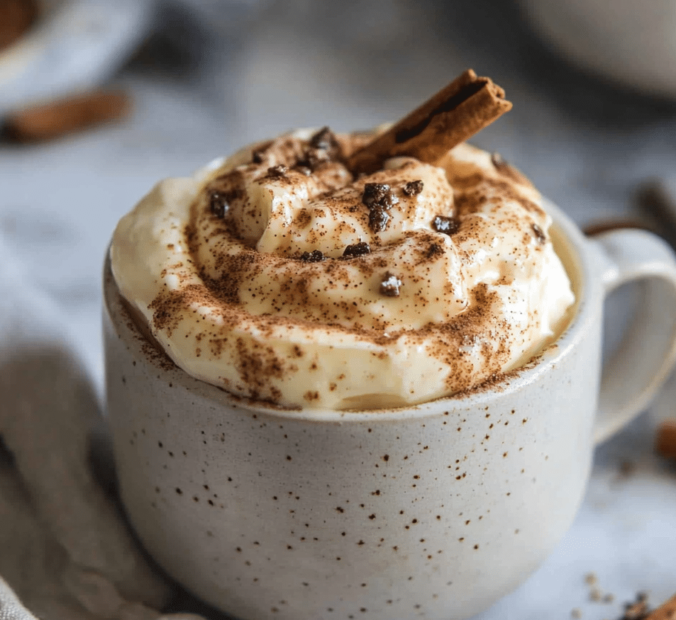 keto cinnamon roll mug cake in a rustic mug