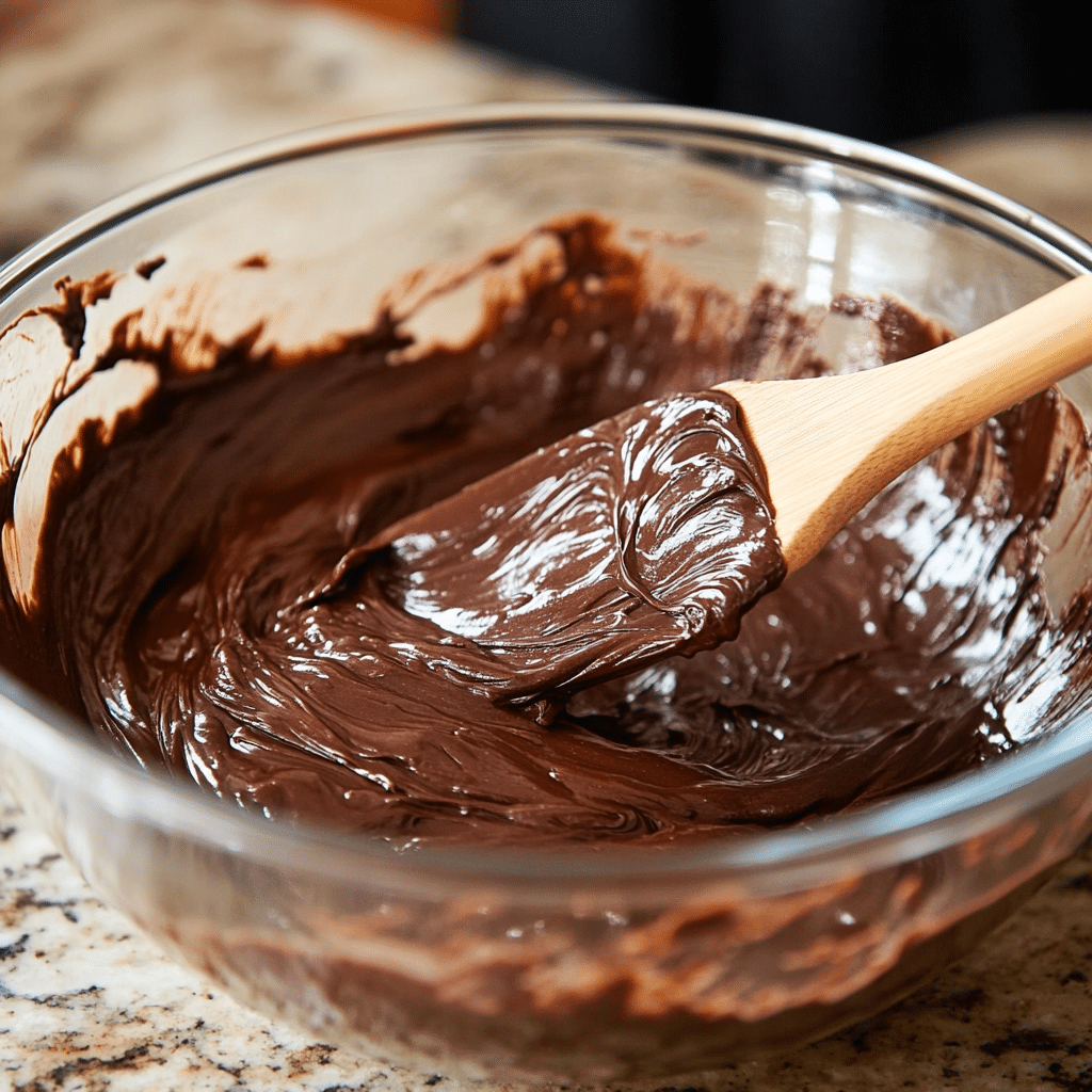 Folding chocolate muffin batter in glass bowl with spatula