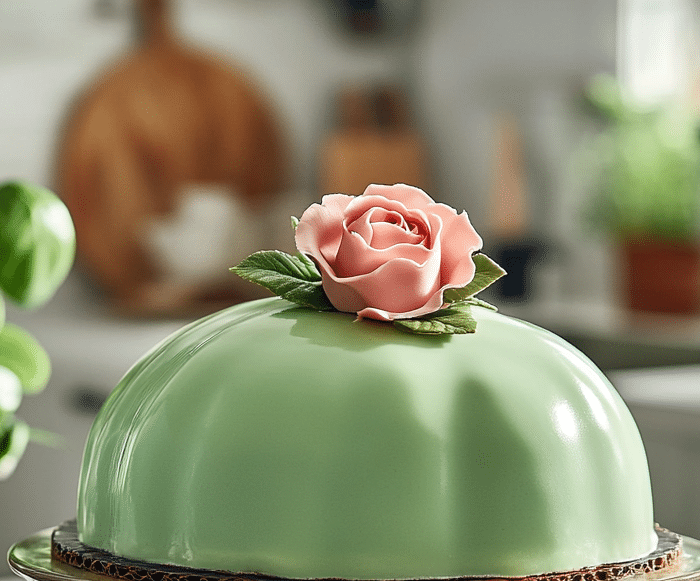 Swedish princess cake with marzipan dome and rose