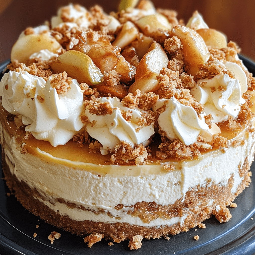 apple crisp cheesecake on wooden board