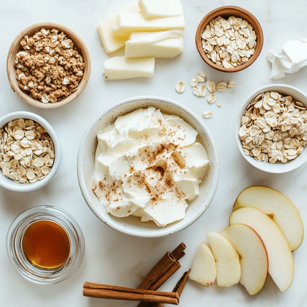 apple crisp cheesecake ingredients on wood