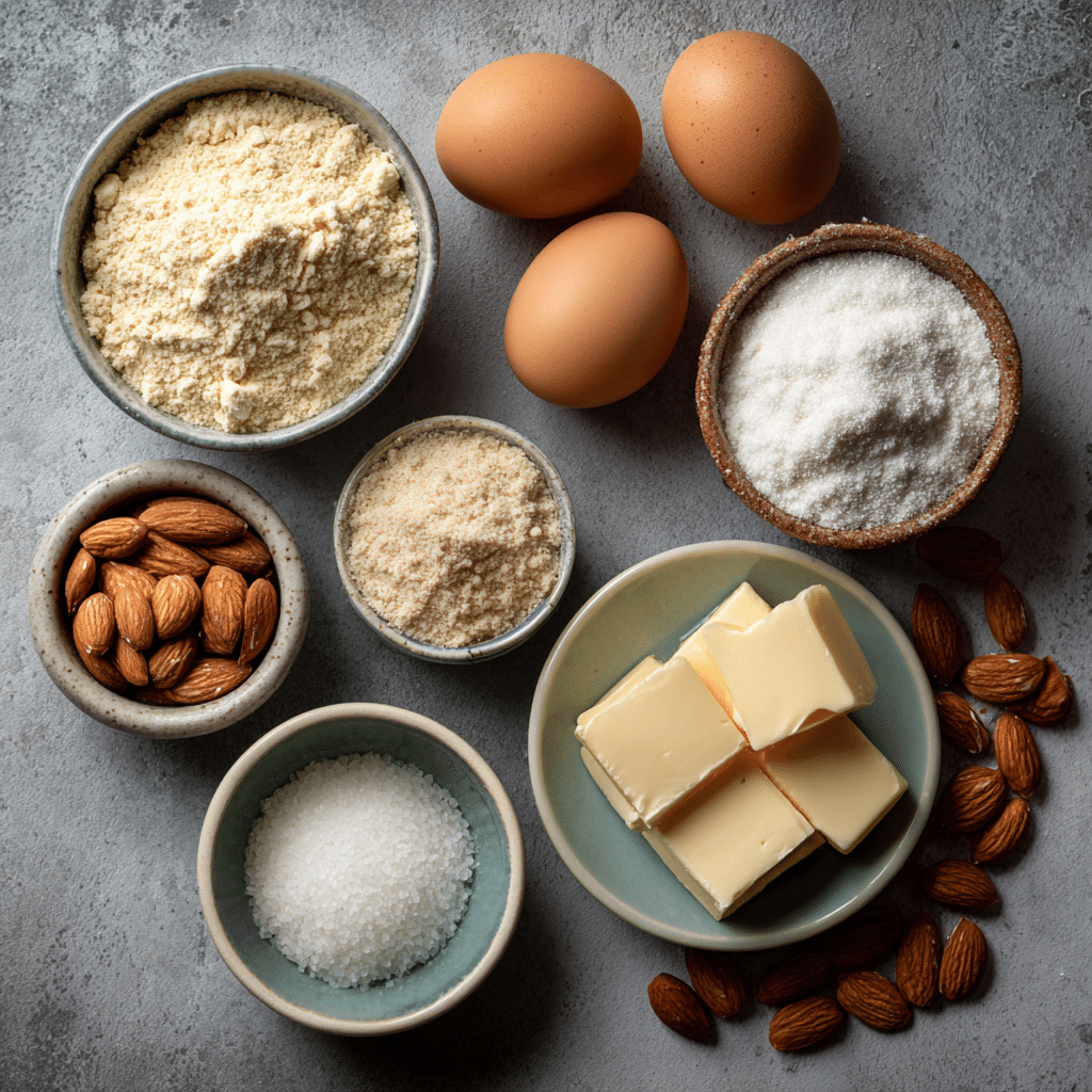 Gluten-free Bakewell tart ingredients flat lay