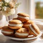 Apple cider whoopie pies stacked on rustic plate